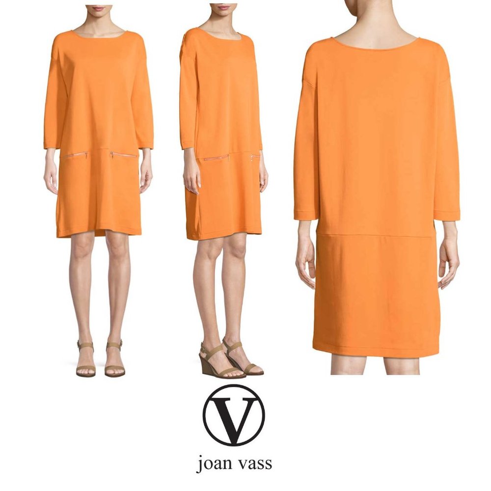 Joan Vass Knit Zip-Pocket Shift Dress Size XL Petite - Orange Melon